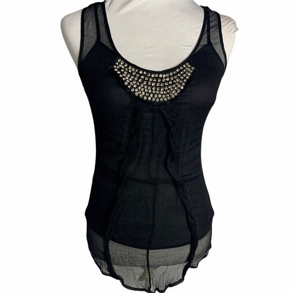 Vintage Silk Chiffon Tank Top S Black Rhinestones Adjustable Spaghetti Straps - Picture 1 of 6